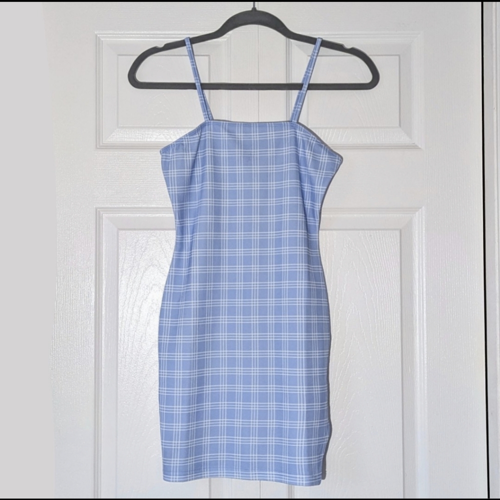 Powder blue Shein gingham bodycon dress, women's XS